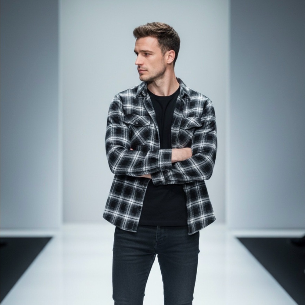 Jachs Men's Black and White Plaid Shirt